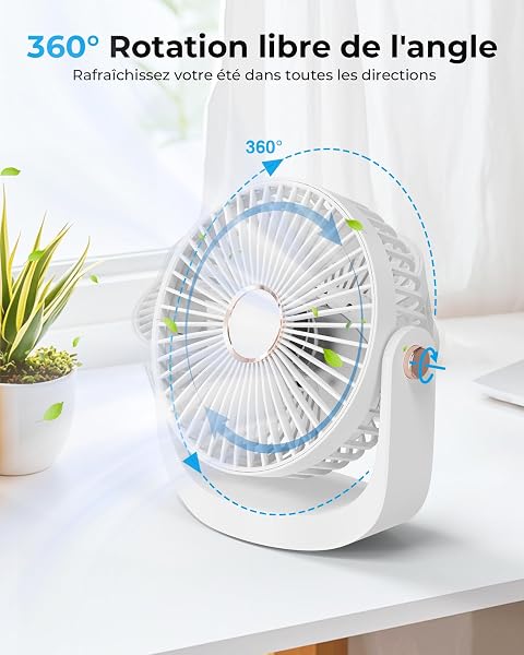 Ventilateur de Table, Ventilateur Silencieux Rechargeable USB, 5 Vitesses avec Veilleuse, Réglable à 360 °, 3000mAh Batterie Pour Maison, Bureau, Extérieur, Cuisine, Camping, Blanc - 3