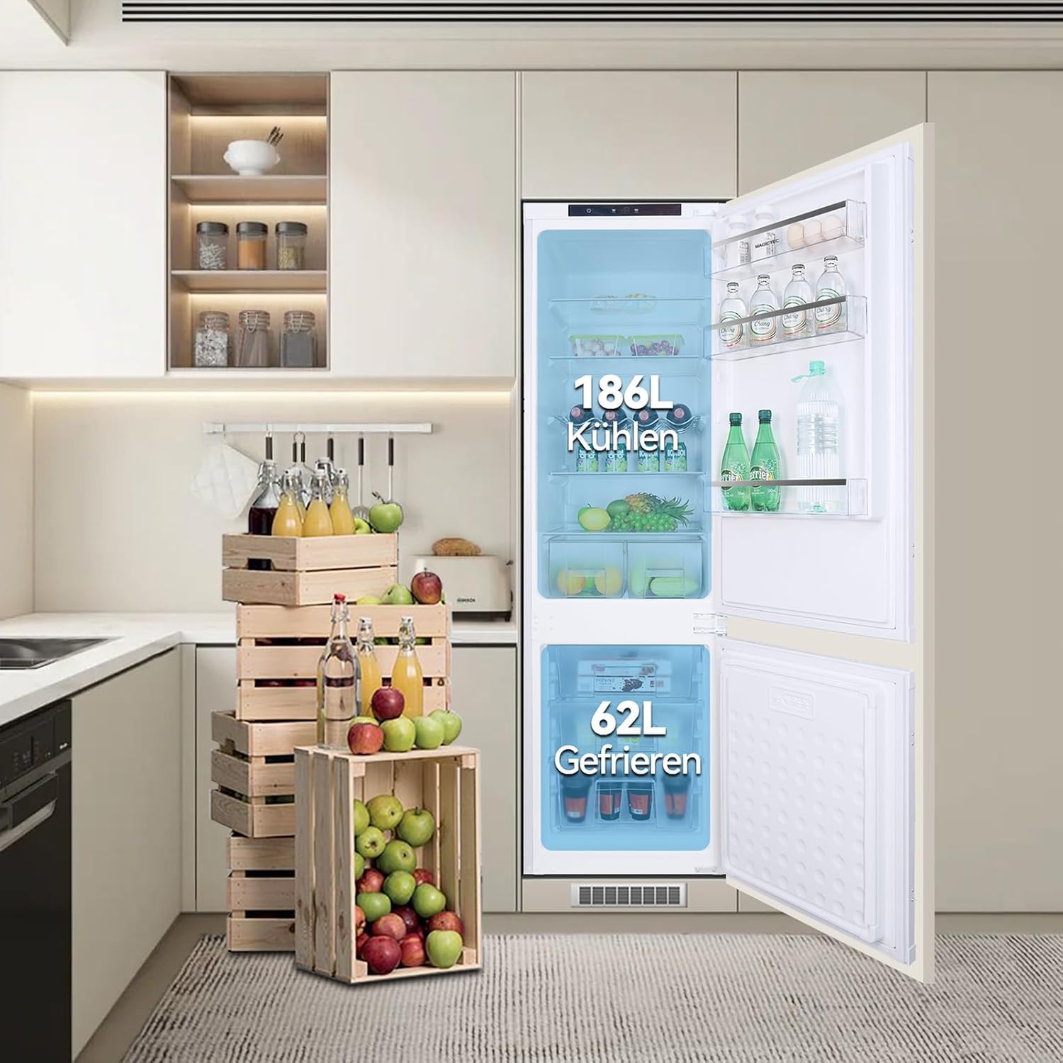 Einbaukühlschrank mit Gefrierfach 177 cm x 54 cm No Frost Plus 248L 186L/62L Energieeffizient Leise Türs Wechselbar