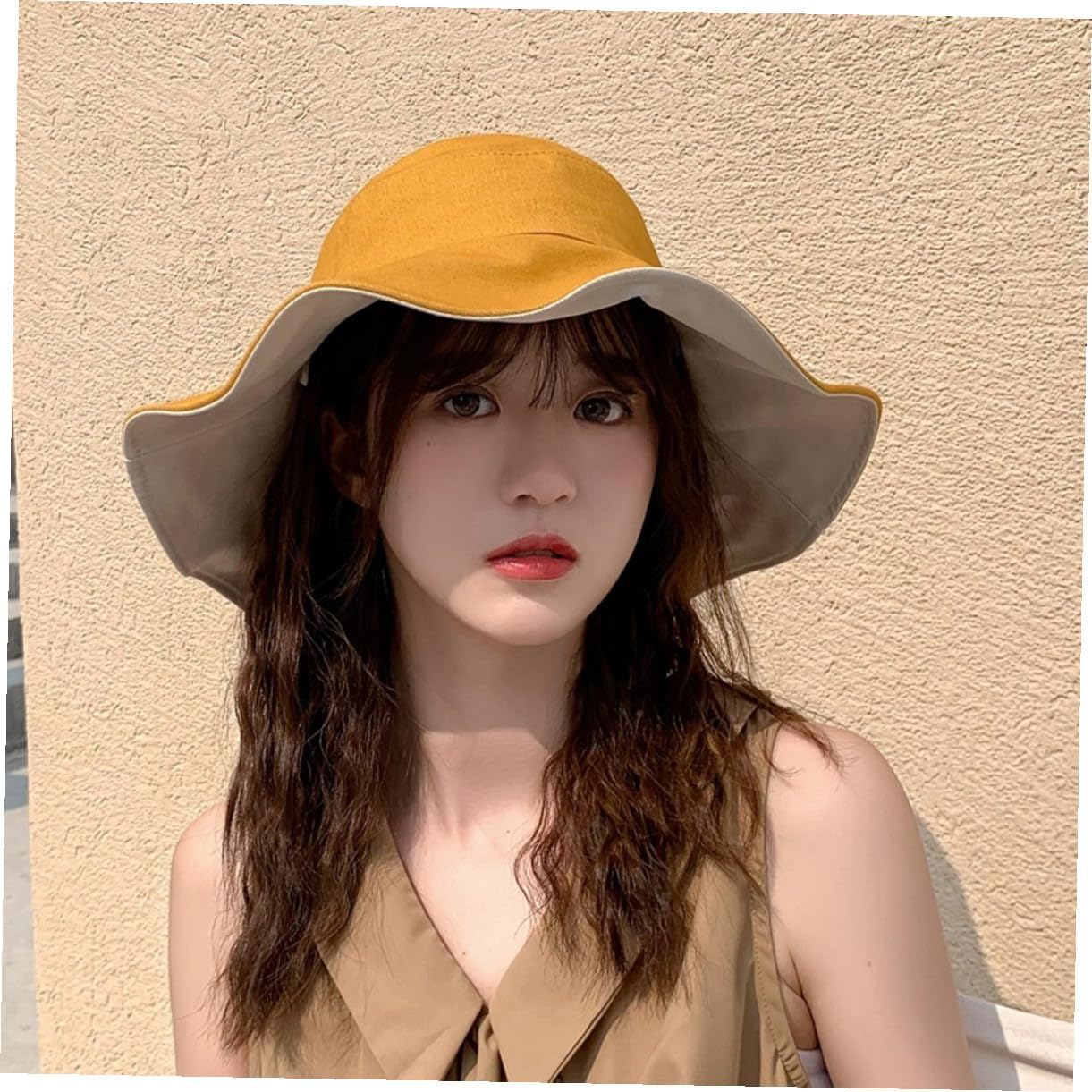 Double-Sided UV Protection Bucket Hat Women’s Summer Fisherman Sun Hat Yellow Beige 1pcs Outdoor Beach Travel Cap