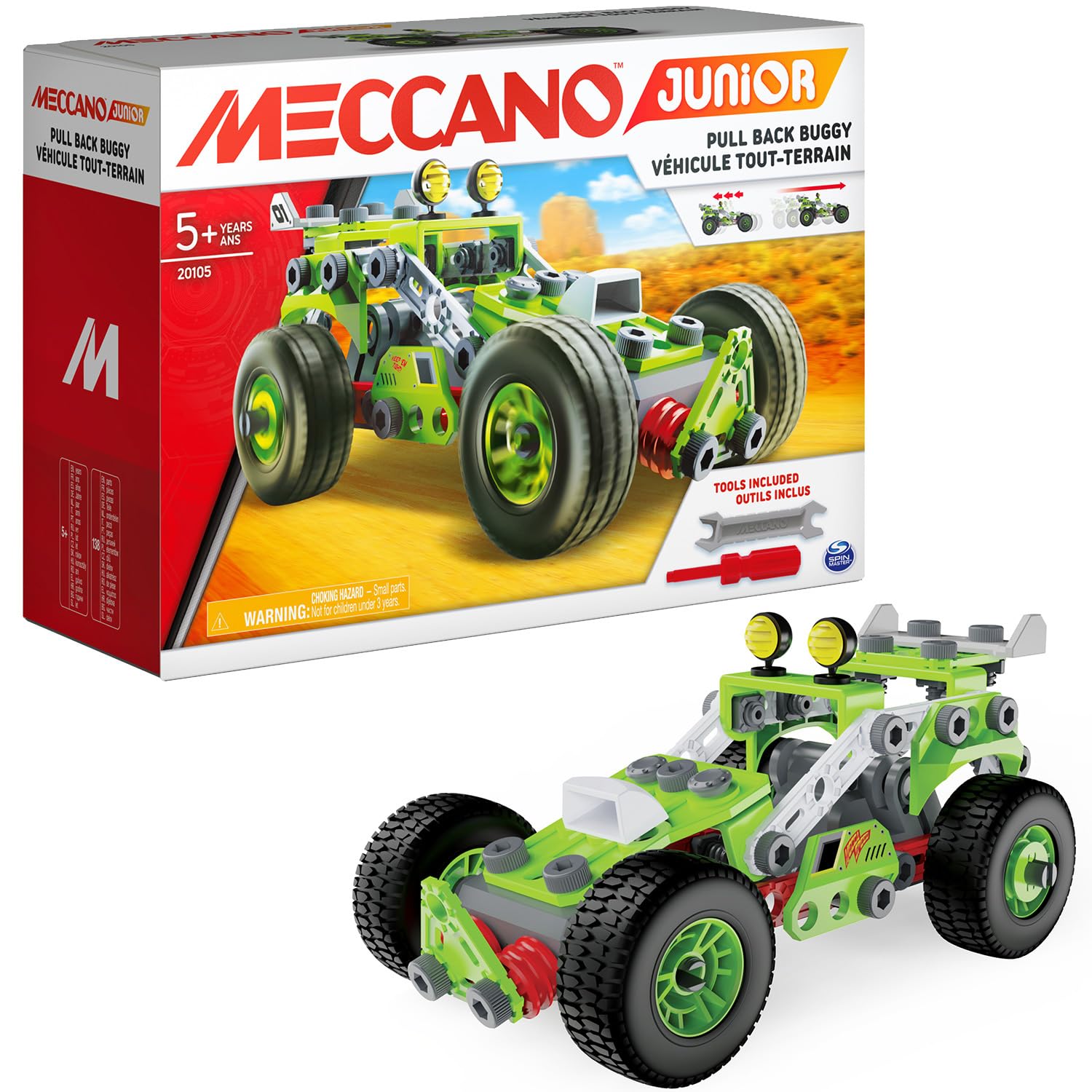 BANDAI - Meccano Junior Mein Auto mit Rückzugsmotor - Konstruktionsset 138 Teile, Rückzugsmotor, Werkzeuge, Anleitung - Aktivitäts-Kit Auto-Zusammenbau - Spielzeug ab 8 Jahren - APM19102