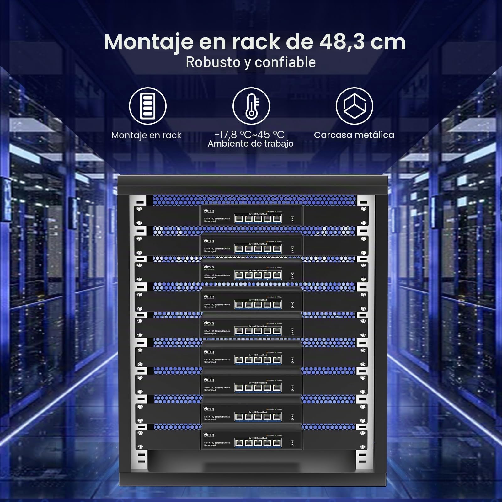 Switch Ethernet no Gestionado de 5 Puertos 10G, Switch de Red VIMIN 10Gbe Que Admite la Negociación Automática de Velocidades 100M/1000M/2,5G/5G/10G, para Red NAS 10G, Plug & Play, Capacidad 100 Gbps