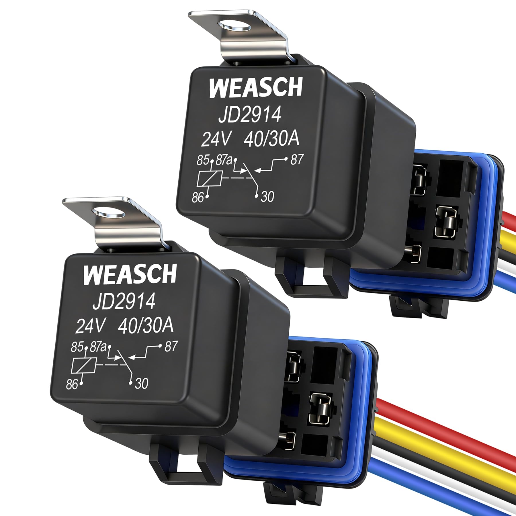Weasch 2 Pack Waterproof Relay Kit, 24V 40A/30A, 5 Pin SPDT, Heavy Duty 14 AWG Tinned Copper Wires Automotive Relay and Harness Set for Automotive Car