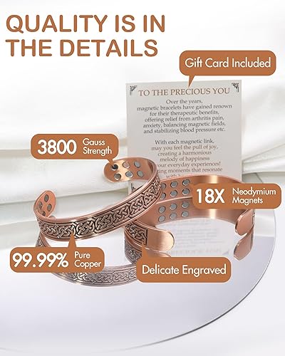 Miniatura 4 de Feraco Pulsera de cobre puro para hombres, pulseras de terapia magnética de fuerza mejorada 18X con 3500 imanes de neodimio Gauss, brazalete de