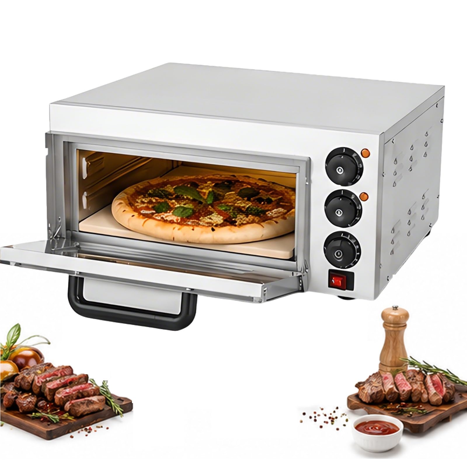 Forno Per Pizza Elettrico Con Pietra, 350°C, Acciaio Inox, Pizza Oven Con 60min Timer Integrato, Calore Superiore E Inferiore Regolabile Per Pizza Croccante Fatta In Casa(Single Layer)