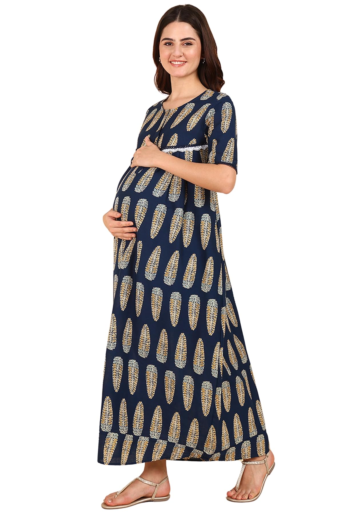 Maternity Zipless Feeding Maxi for Women | 100% Cotton Pre & Post Pregnancy Floral Printed Maxi/Nighty for Pregnant Woman | Nursing Maxis for Breastfeeding with Pockets for Mothers-image-31