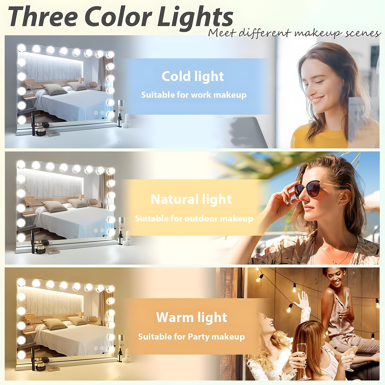 HANSONG Hollywood Miroir 80 x 60 cm avec éclairage et Bluetooth, 18 Lampes LED, 3 Modes d'éclairage de Couleur, Miroir de Maquillage à intensité Variable avec éclairage avec Port de Charge USB