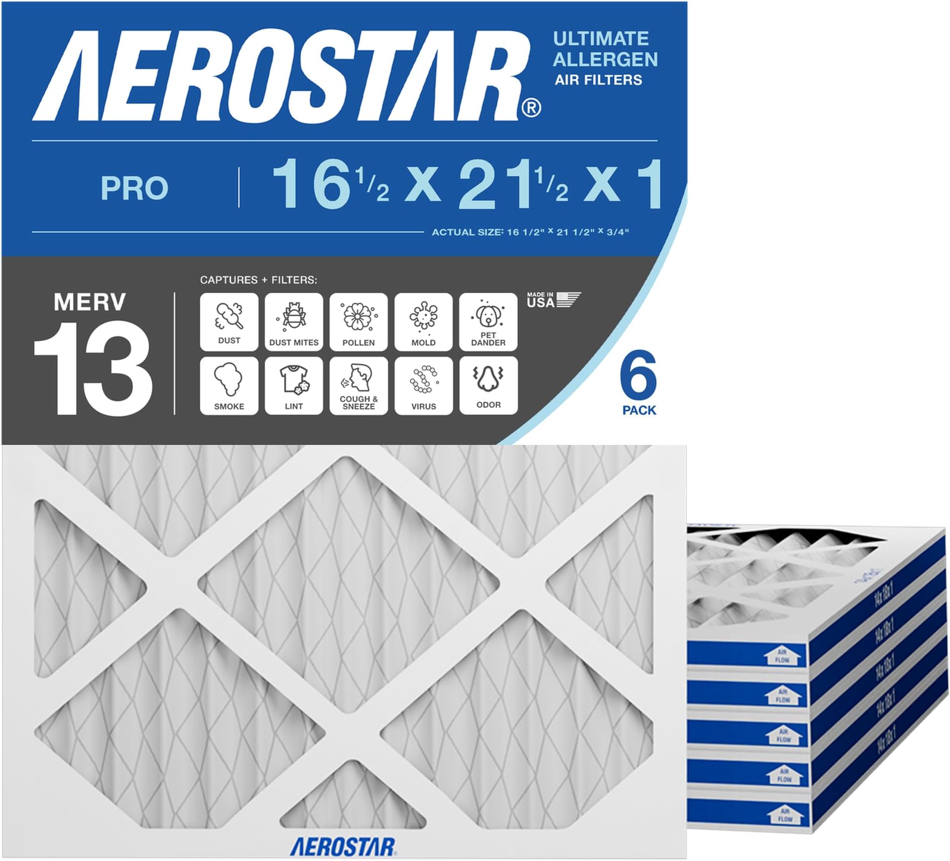 Aerostar 16.5x21.5x1 MERV 13 - 6 Count - Pleated HVAC, Furnace & Air Conditioner Filters - Removes Bacteria, Dust, Germs, Lint, Mold, Pet Dander, Allergy-Causing Pollen, Smog, Smoke & Viruses