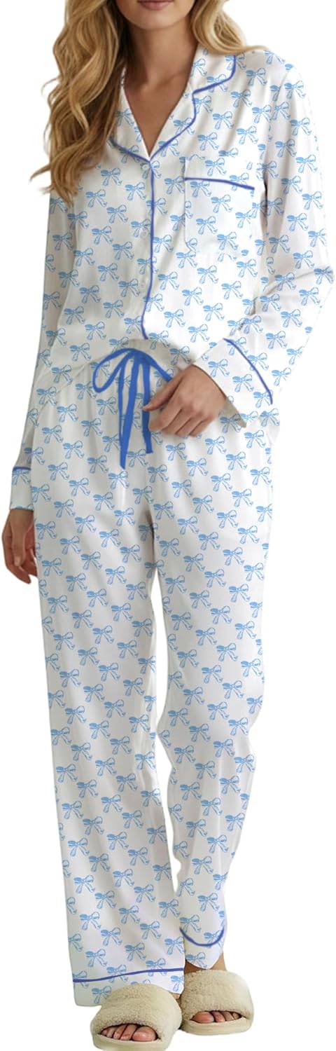 Womens 2 Piece Cute Pajama Sets Bow Button Long Sleeve Pjs Wide Leg Pants with Pocket Casual Loungewear