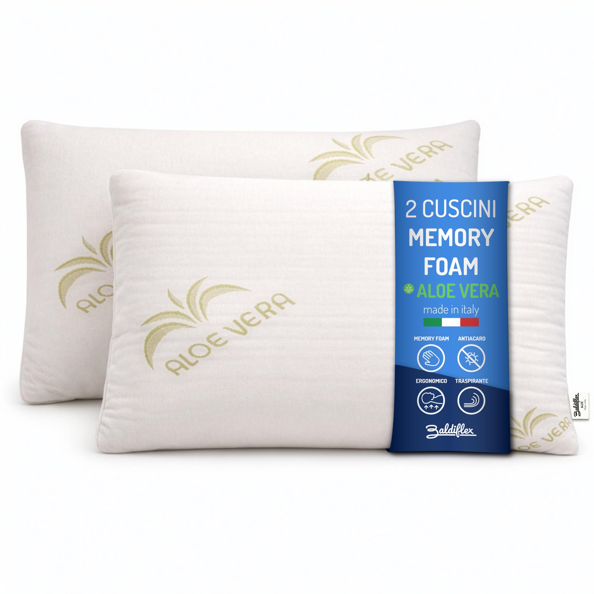 Baldiflex Lot de 2 Oreillers a mémoire de Forme avec Housse zippée en Aloe Vera, Anti-Acariens et Hypoallergénique, modèle rectangulaire Hauteur 11 cm