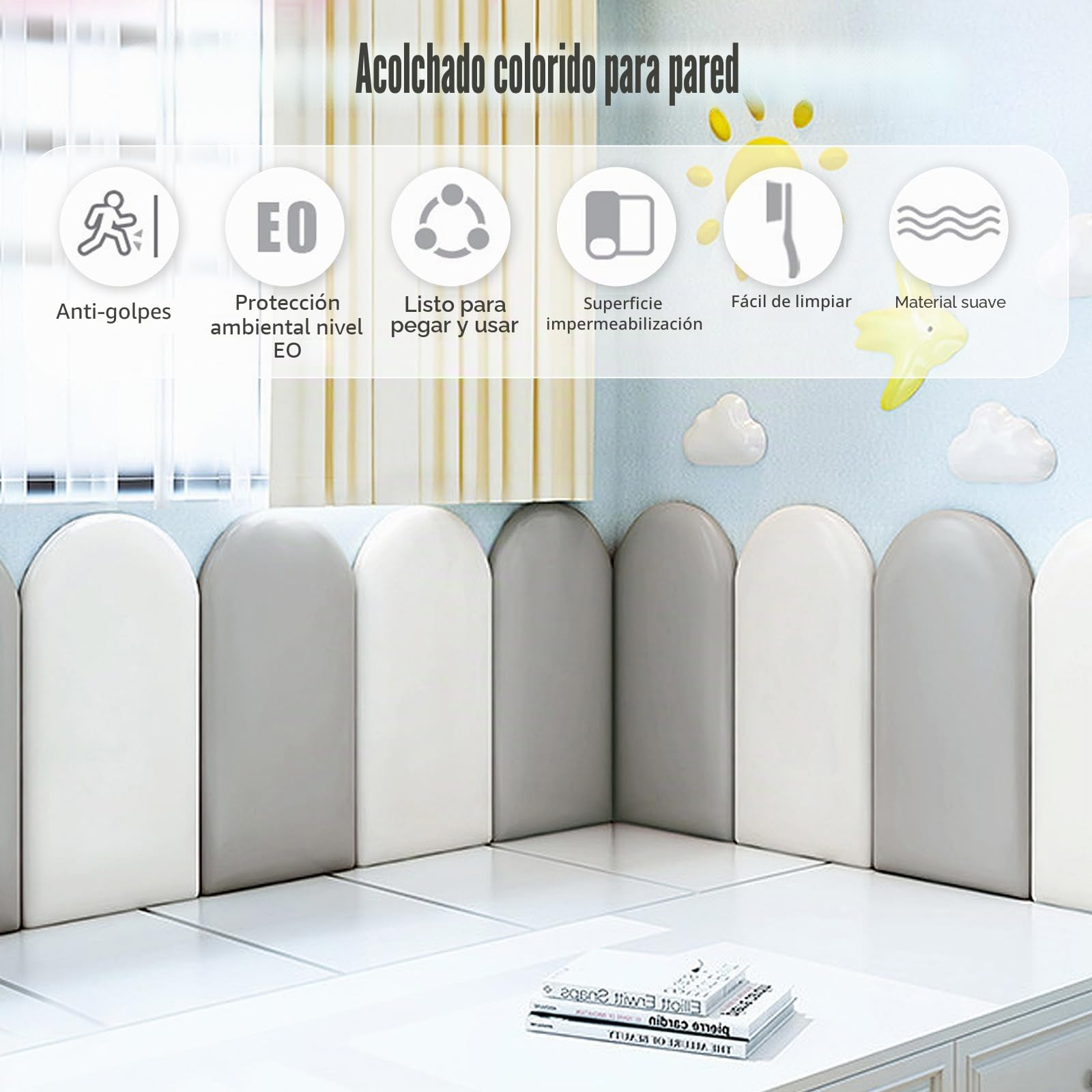 Panel de pared 3D pared, cabecero acolchado acolchado, poliuretano impermeable, para habitación infantil, panel anticolisiones (gris, 20 x 40'