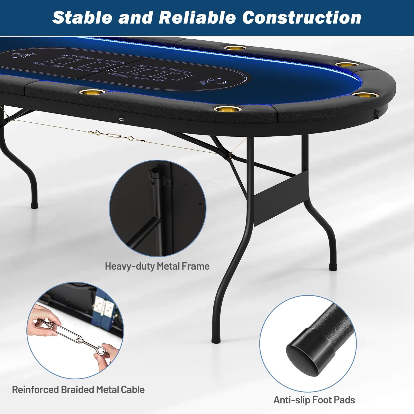 Tavolo da poker, pieghevole da 213 cm, professionale, con feltro di grado casinò e portabicchieri in acciaio, per Texas Hold'em e Blackjack, nessun montaggio richiesto