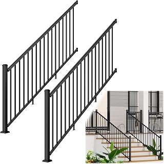 42 in. H x 16 ft. W Porch and Deck Railing Kit, Aluminum Stair Railing Kit, Black Textured Powder-Coat Finish Railing System for Concrete Steps or Wooden Stairs (2 Post, 2 Panel)
