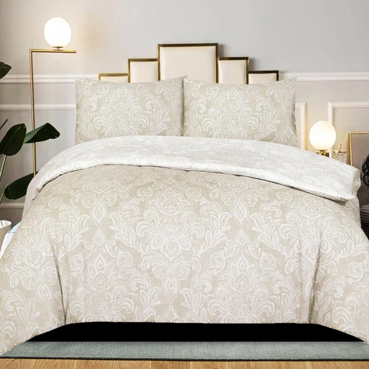 B&B Duvet Cover Set Single Size, 100% Rich Cotton Comforter Cover Bedding Sets - Soft, Thick Anti-Allergy Printed Quilt Covers with 1 Pillow Shams (Damask Beige)