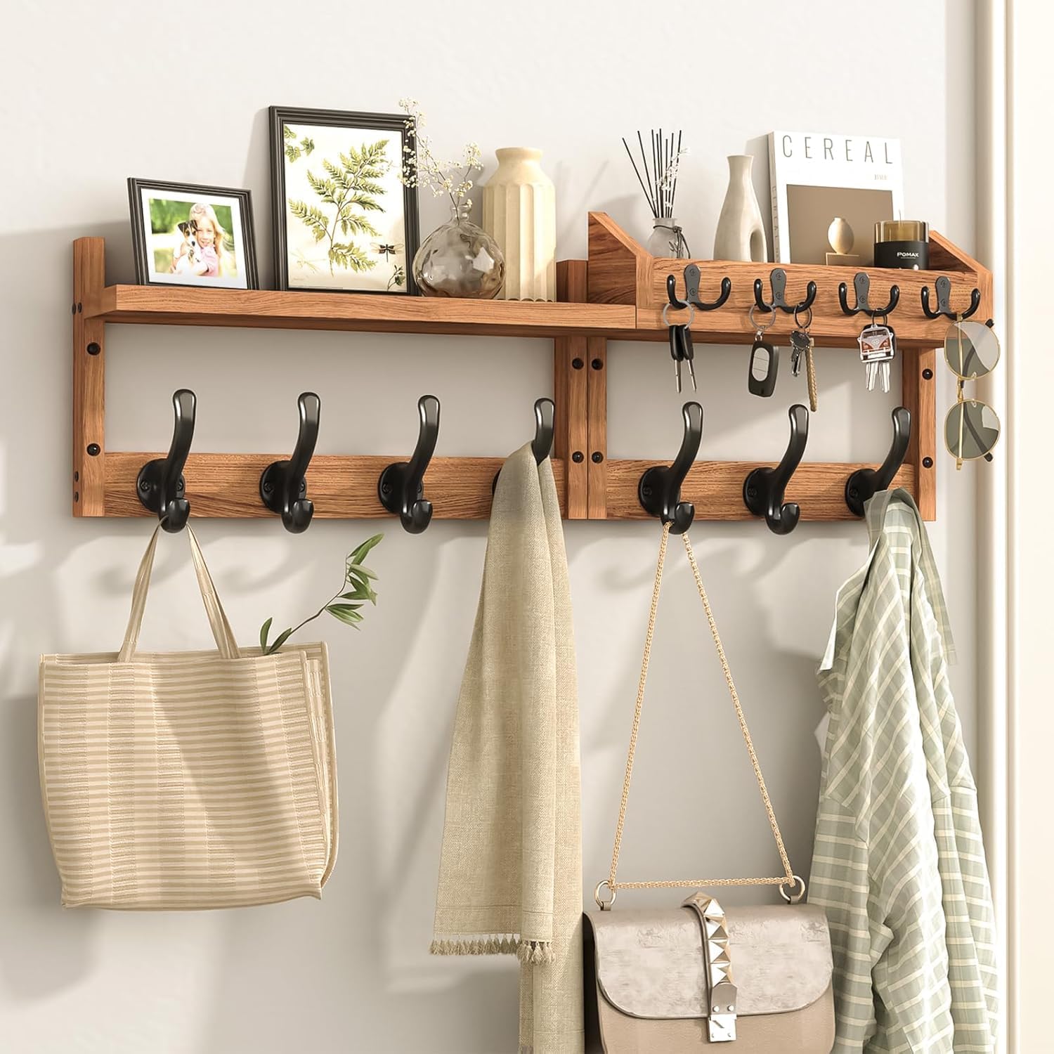 29" Wall Mounted Coat Rack with Shelf, 4 in 1 Wall Mounted Coat and Key Hanger with 11 Hooks, Entryway Key Holder with Mail Holder for Living Room, Bedroom,Brown
