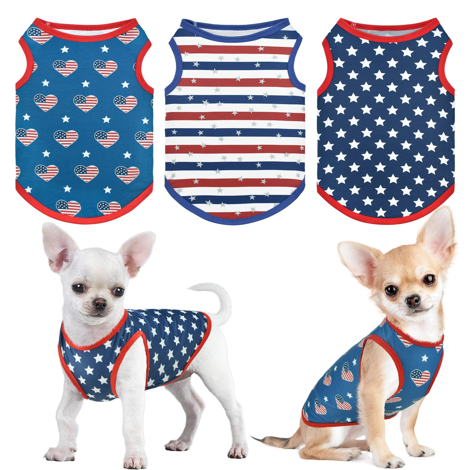 LyssKMK Patriotic Dog Tank Top 4th of July Dog Sleeveless Shirt USA Independence Day Outfits Stars Hearts & Stripe Patterns Dog Costume for Small