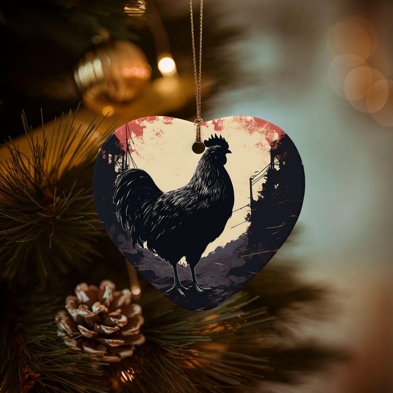 Christmas Tree Ornaments Ceramics Christmas Decorations Farmhouse Chicken Ornaments with Gold Ribbon Porcelain Xmas Tree Crafts Heart Shape Hanging Pendant for Christmas Tree Party Decor
