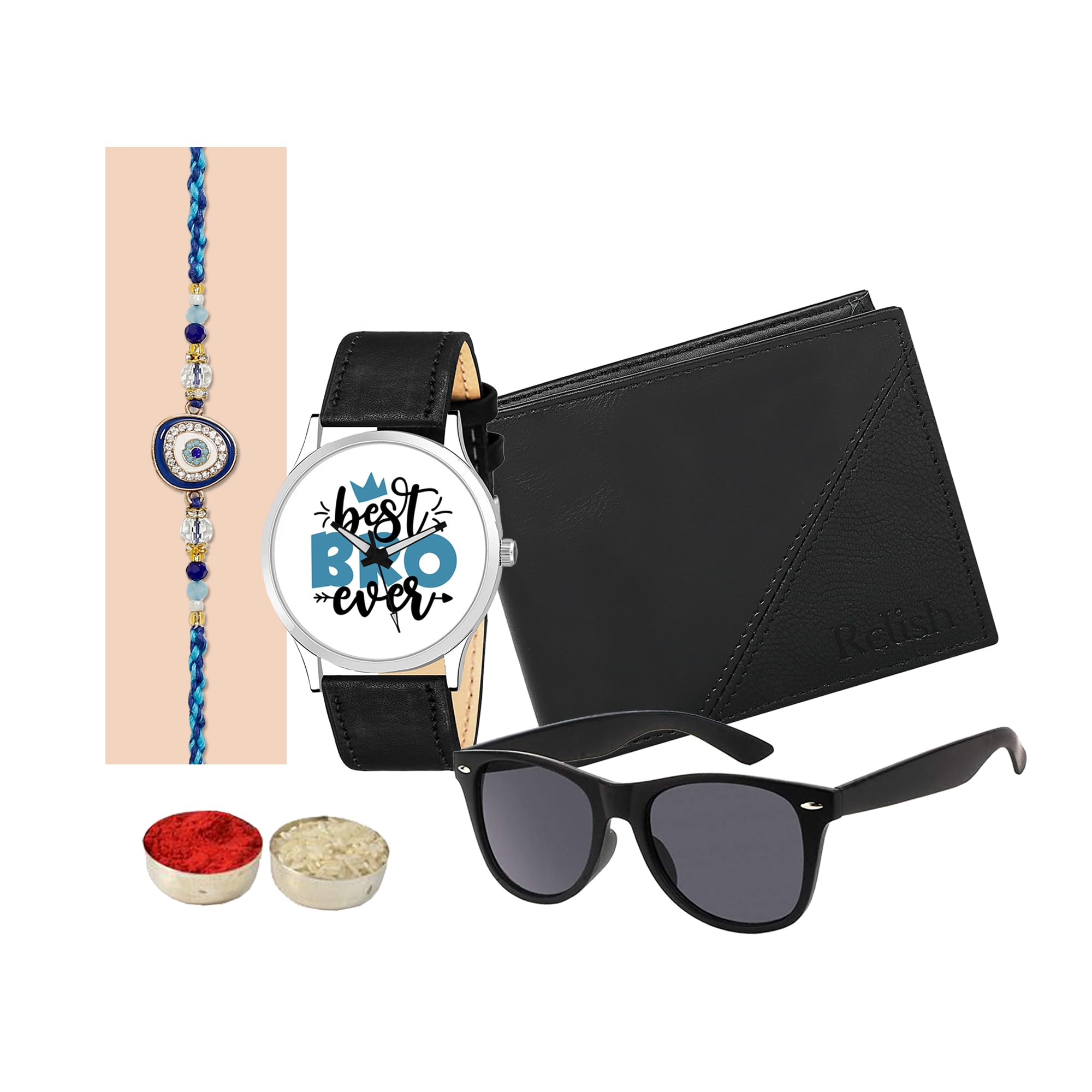 Relish Rakhi Gift Watch, Wallet and Sunglasses, Rakhi, Roli Chawal Pack | Watch and Wallet Raksha Bandhan Gift for Brother| (B0C5LZ2S1B) Amazon Price History, Amazon Price Tracker