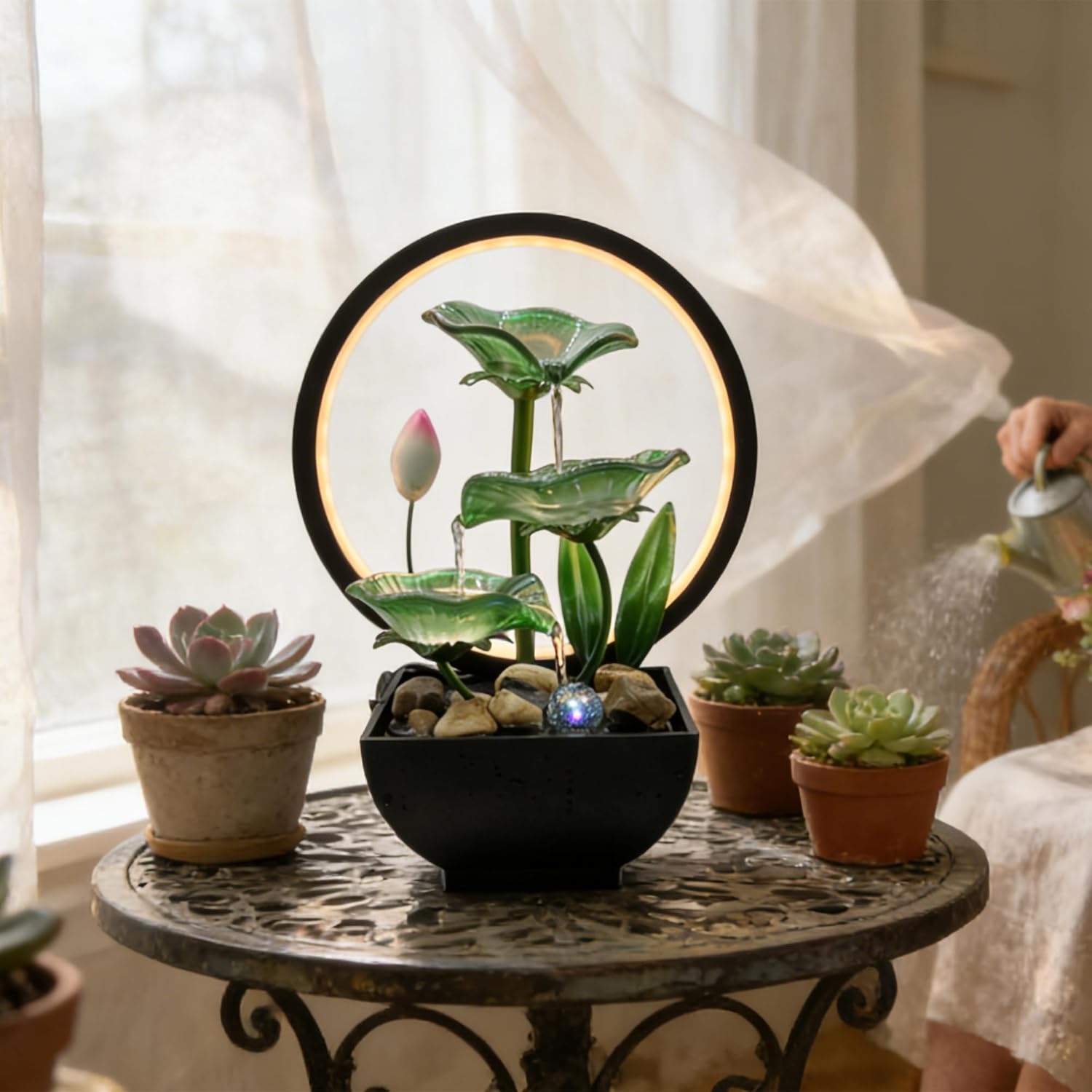 AOZITA Tabletop Water Fountain,3-Tier Green Glass Lotus Leaf Zen Fountain,Indoor Water Feature with Lotus Bud & LED Ring Light & Bead for Home Office Bedroom Decor,Relaxing Water Sound,Feng Shui Decor