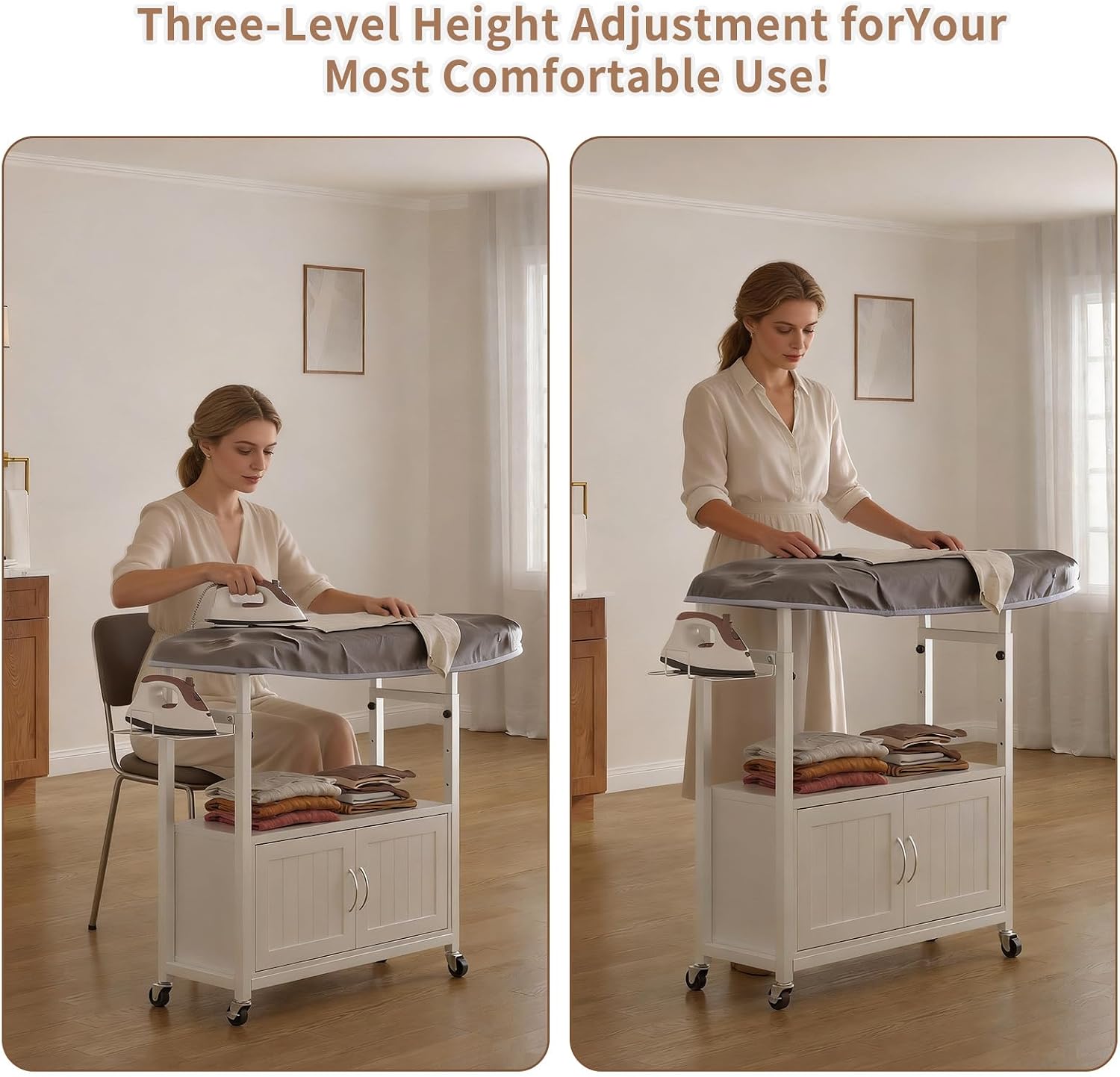 Height-Adjustable Ironing Station, Fold Out Ironing Board with Storage, Ironing Board Cart with Heat-Resistant Pad, Iron Holder and Large Cabinet