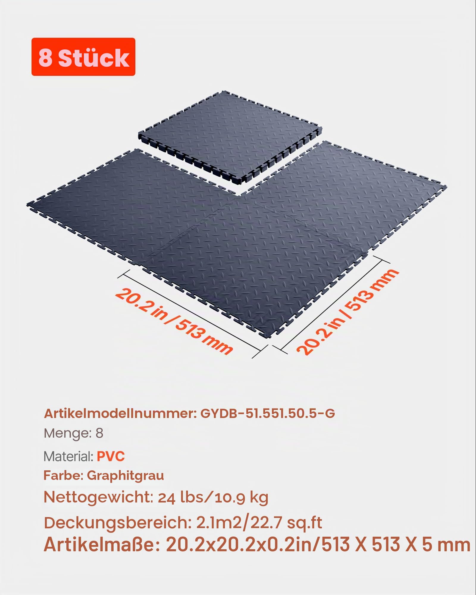 VEVOR PVC Garagenboden, 8er-Pack 513x513x5 mm, Werkstattboden, Industrieboden, Klick Verlegung, rutschfeste PVC-Matten mit Diamantplatte für Werkstatt, Lager, Werkzeugraum, Graphitgrau