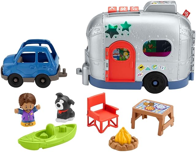Fisher-Price Little People Light-Up Learning Camper Multilanguage Edition, 2-in-1 vehicle and playset with lights and songs for ages 1 & up