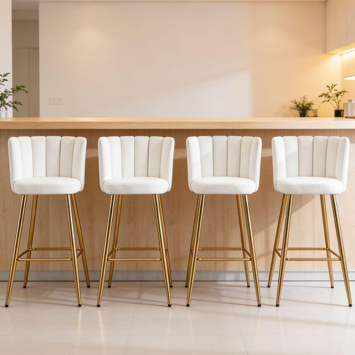 Velvet 30" Bar Height Barstools Set of 2 Modern Kitchen Stools Upholstered Counter Stool Chairs with Gold Metal Legs for Kitchen Island/Breakfast Bar/Restaurant, Cream