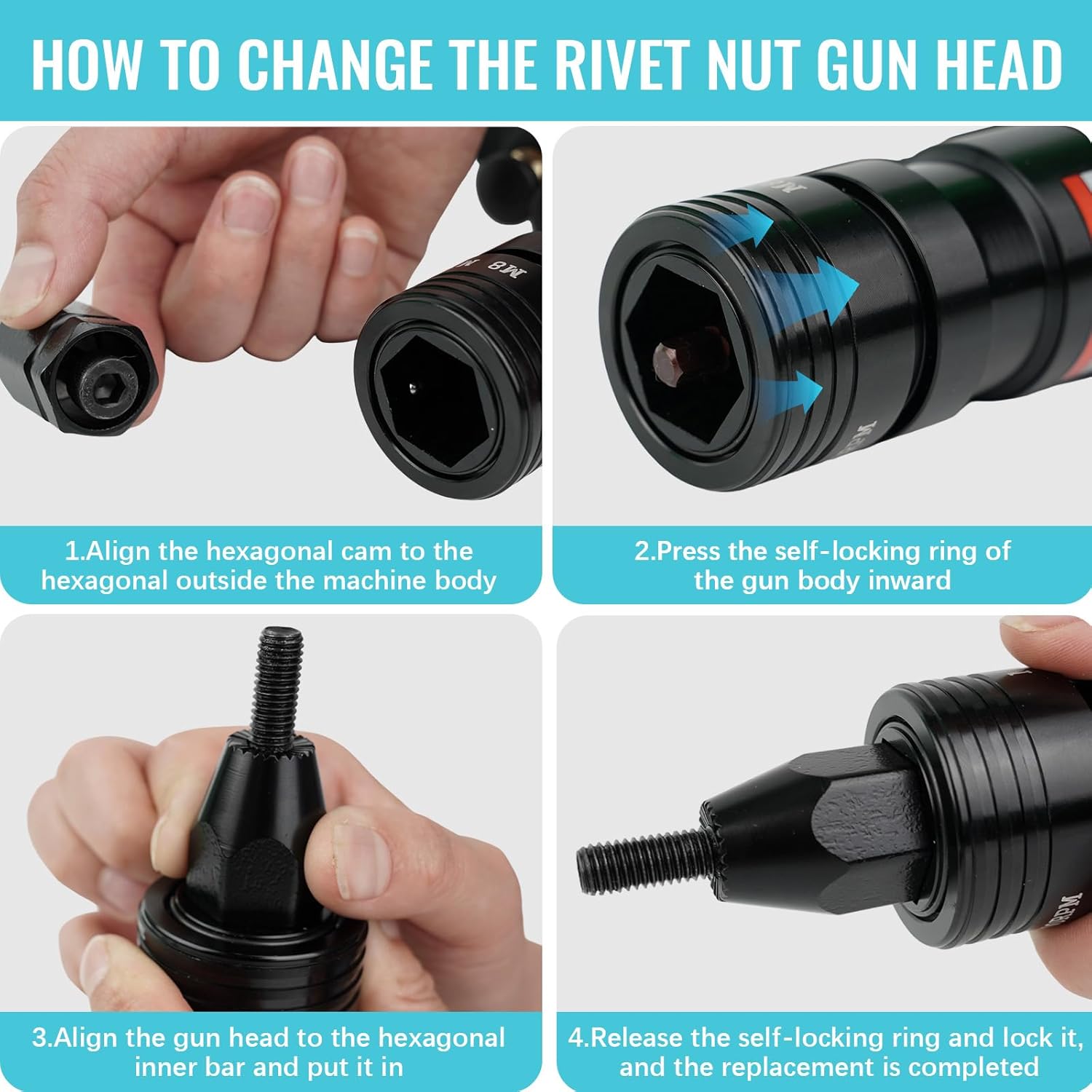 Pneumatic Rivet Nut Gun Kit with Self-Locking Head M6 M8 M10 (1/4", 5/16", 3/8"), Air Riveter Nut Gun Tool Kit, Adjustable Speed Pull Rivnut Gun, Black