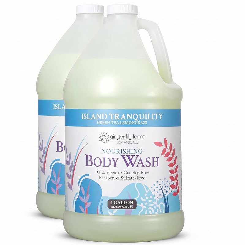 Sabonete líquido corporal Ginger Lily Farms Botanicals Island Tranquility com fragrância de chá verde e capim-limão, vegano, refil de 3,79 L, pacote com 2