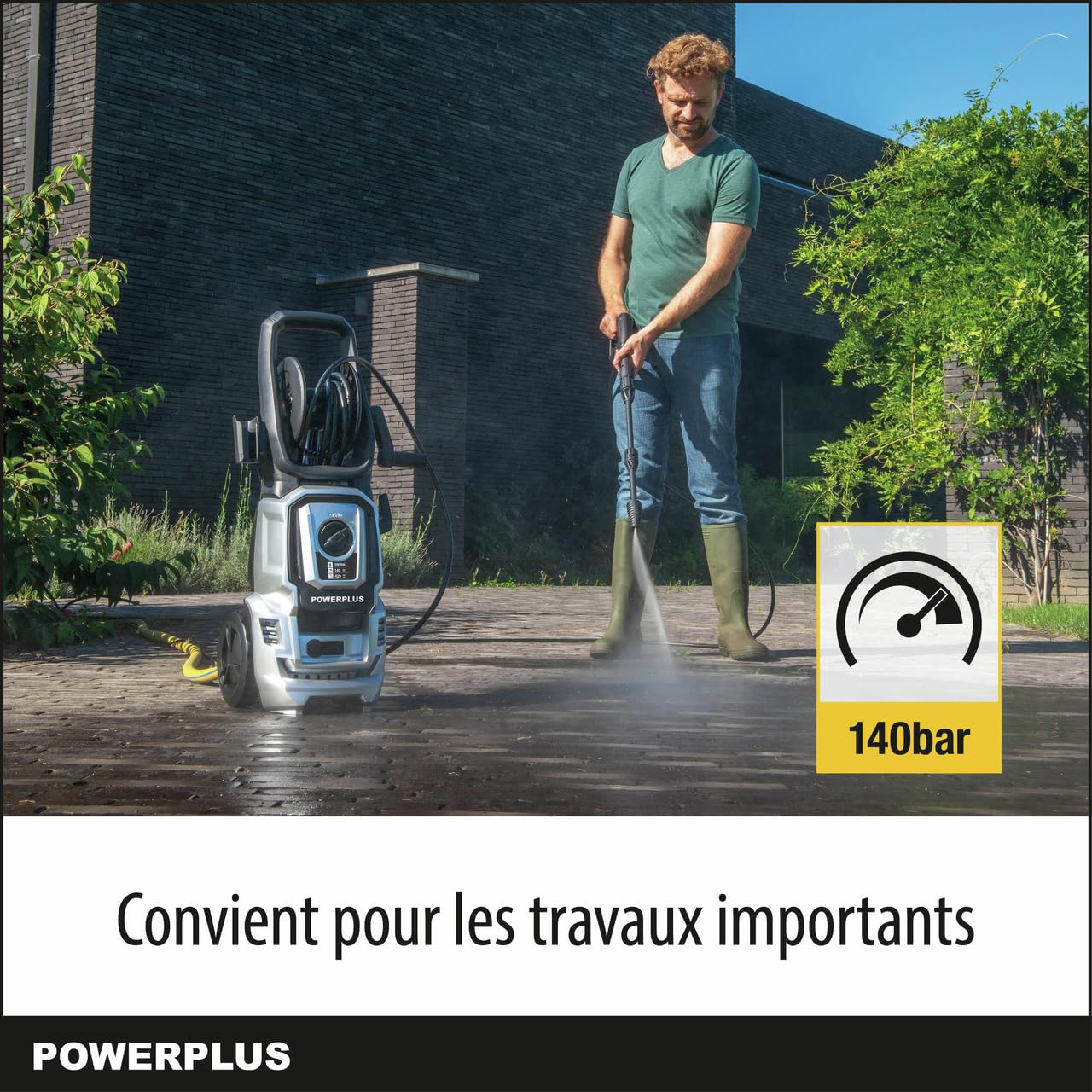 Powerplus Pulitrice elettrica ad alta pressione POWXG90411-1800 Watt, funzione start/arresto, massima pressione 140 bar e temperatura 50 °C, tubo da 8 m e accessori inclusi