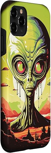 Vista 24 de iPhone 14 Pro Cute Green Alien Head UFO Space Face Alien Case
