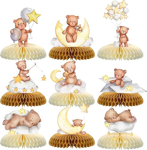9 piezas de oso para baby shower, centro de mesa de nido de abeja con diseño de oso pequeño osito de peluche, decoración de mesa 3D para niños,