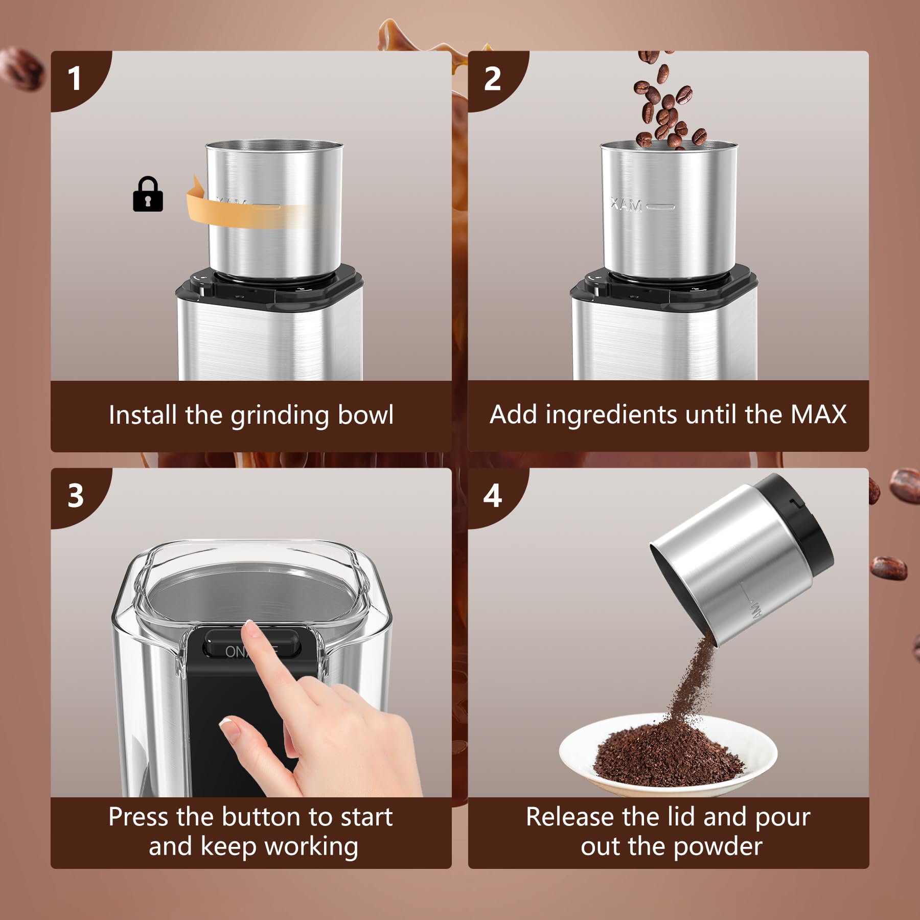 OMISOON Macina Caffe' Elettrico 150W, Macinacaffè Elettrico con Contenitori Rimovibili in acciaio inossidabile, 60g Capacità, per Chicchi di Caffè, Spezie, Cereali, Pepe, Noci