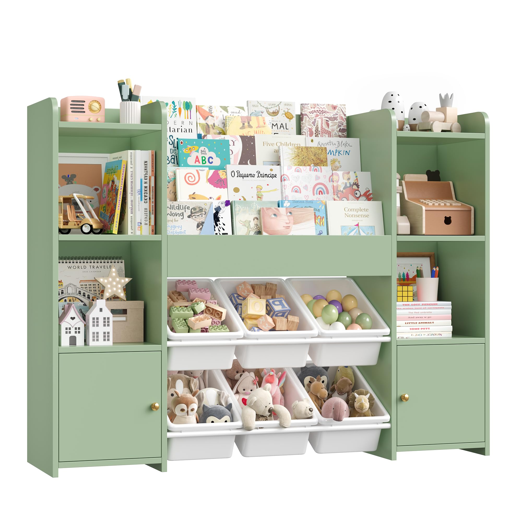FOREHILL Toy Storage Unit Childrens Bookcase Kids Storage Kids Bookshelf Toy Organiser with 6 Removable Boxes, 4-tier Book Shelf for Nursery Playroom 119x29.5x94 cm Green