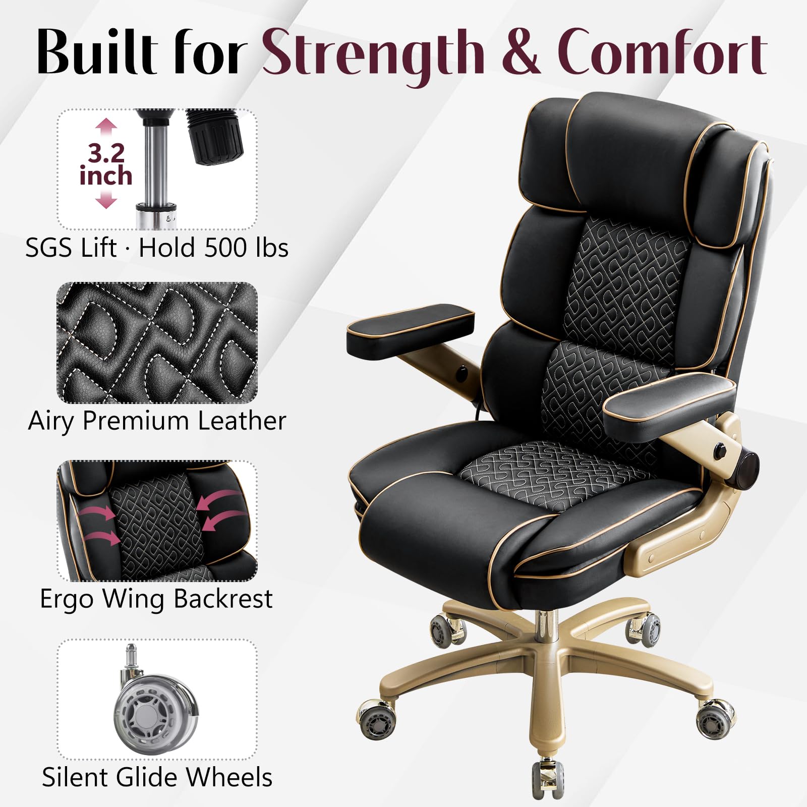 Big and Tall Office Chair 500lbs Heavy Duty Leather Chair with 5D Armrests Comfortable Seat High Back Executive — view 4