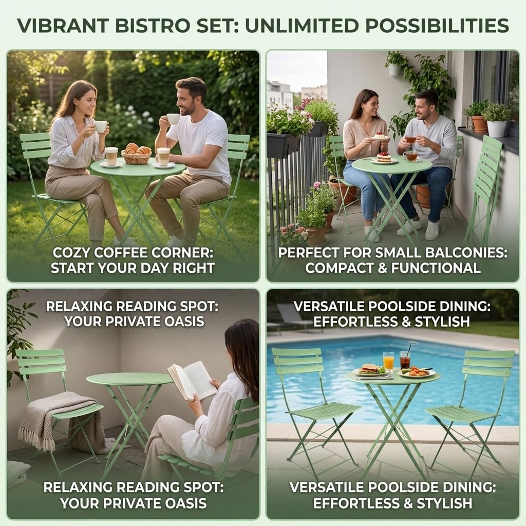 3-Piece Bistro Sets Folding Patio Furniture Set with 2 Chairs and 1 Table, Outdoor Indoor Conversation Set for Balcony Yard Garden, Green