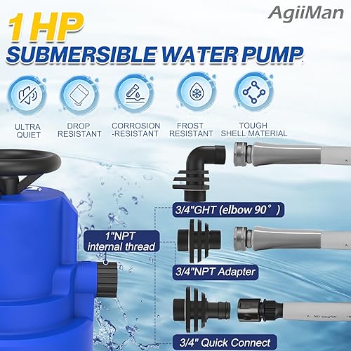 Miniatura 4 de AgiiMan Bomba de agua sumergible automática de 14 HP, bomba de sumidero de 2200 GPH para drenaje de piscina, bomba de extracción de agua con cable