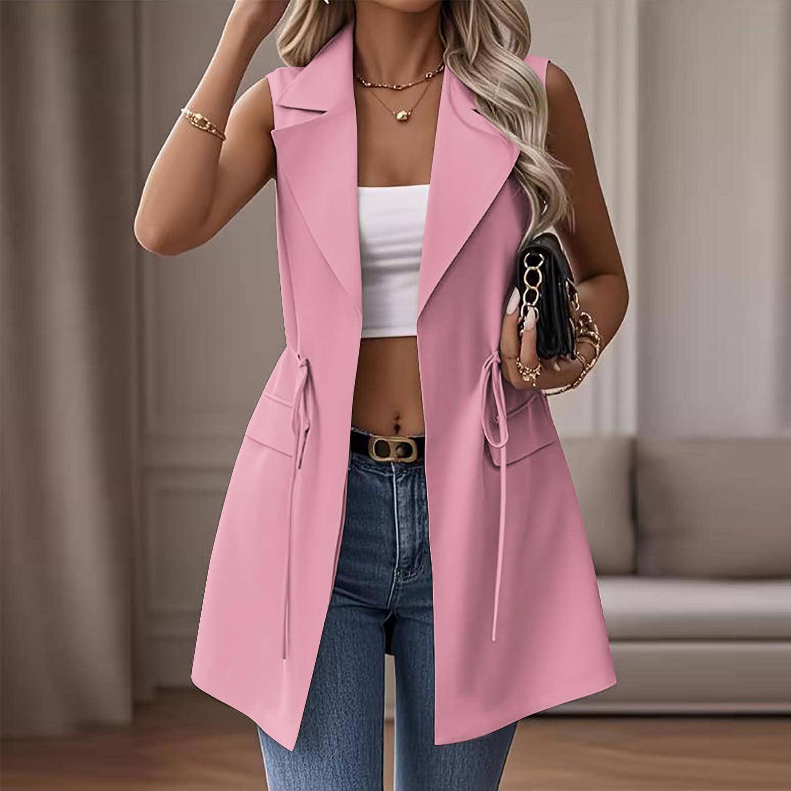 Blazer Damen Ärmellos Weste Revers Offene Vorderseite Jacke mit Tasche | Elegant Einfarbig Kurze Ärmelloser Blazer Revers mit Knöpfen Taschen