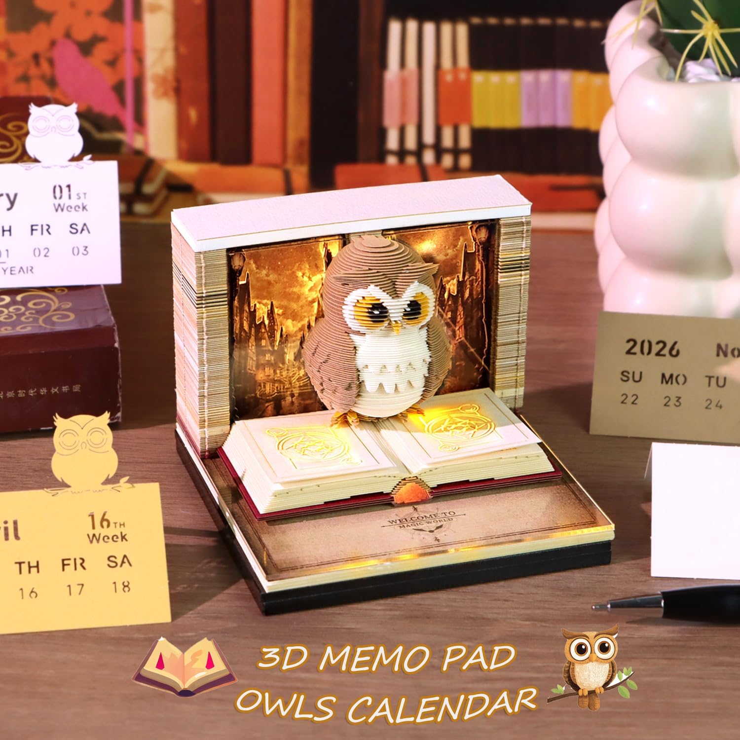 3D Calendar 2026, 3D Memo Pad Art Sticky Notes, Time Piece Calendar 2026, Creative Weekly Notepad with Light, Paper Carving Art Desktop Gift for Christmas Birthday Anniversaries (Owl)