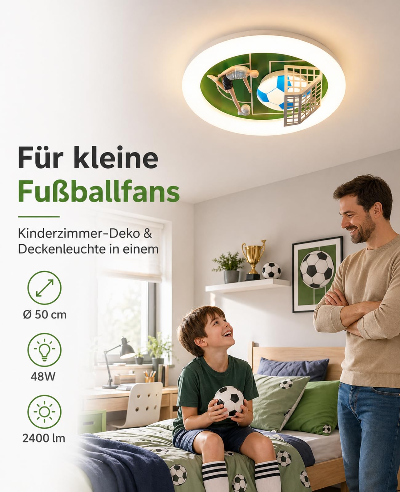 DROMEZ Fußball Deckenlampe Kinderzimmer, LED Deckenleuchte Kinder mit Fernbedienung Dimmbar, Lampe Decke 48W 2400LM 3000K/4500K/6000K, Schlafzimmer für Junge Mädchen Deko, Ø50cm