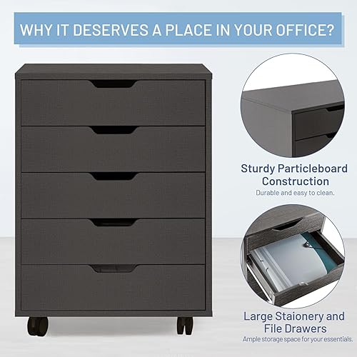 Miniatura 4 de Zanzio Archivador móvil para oficina en casa con 5 cajones delgados, pequeño gabinete vertical comercial con ruedas, archivador rodante para