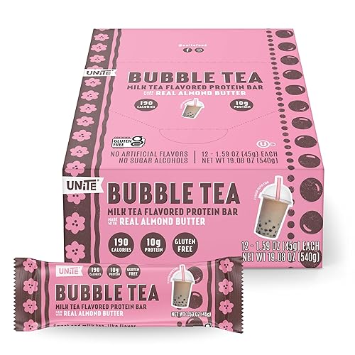 UNiTE Barras de proteína de té de burbujas, paquete de 12, 1.59 onzas, 0.35 onzas de proteína, barra alta en fibra, mantequilla de almendras,