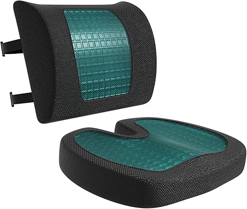 Amazon Basics Cómodo cojín de asiento y soporte lumbar para sillas de oficina, espuma viscoelástica mejorada de gel, paquete de 2, rectangular,