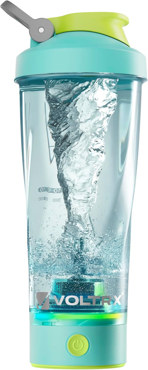 VOLTRX Electric Shaker Bottle – VortexBoost Portable USB C Rechargeable Protein Shake Mixer, Shaker Cups for Protein Shakes, BPA Free, Waterproof, Colored Light Base, 24 oz (Aurora Green)