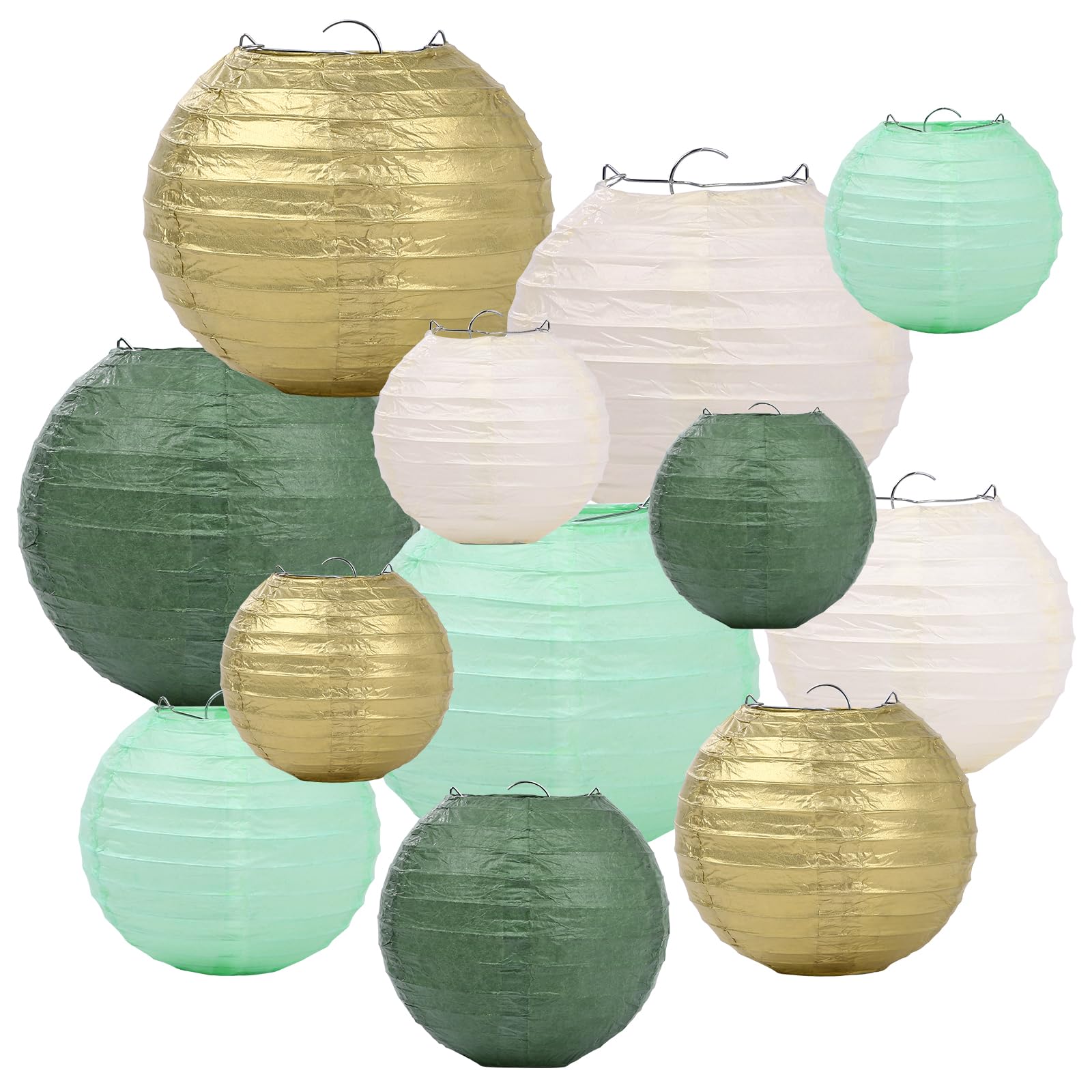 Paper Lanterns 12Pcs Green Gold Round Hanging Paper Lanterns for Wedding Party Decorations Bridal Shower Baby Shower Birthday Indoor Outdoor Decor (6'' 8'' 10'')