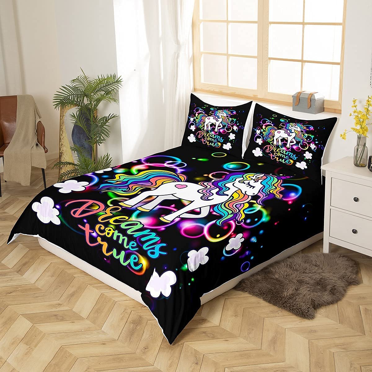 Loussiesd Girly Eenhoorn Beddengoedset Fantasie Eenhoorn Thema Dekbedovertrek voor Kinderen Meisjes Kinderen Magische Dieren Decor Dekbedovertrek Fee Cartoon Patroon Sprei Overtrek Super King 3-delig