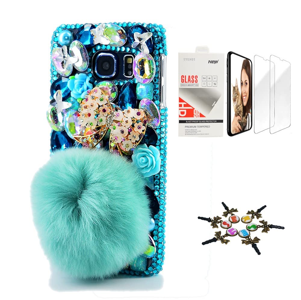 STENES Sparkle Case Compatible with Samsung Galaxy A42 5G Case - Stylish - 3D Handmade Bling Polka Dots Bowknot Rabbit Villus Flowers Cover Case with Screen Protector [2 Pack] - Blue