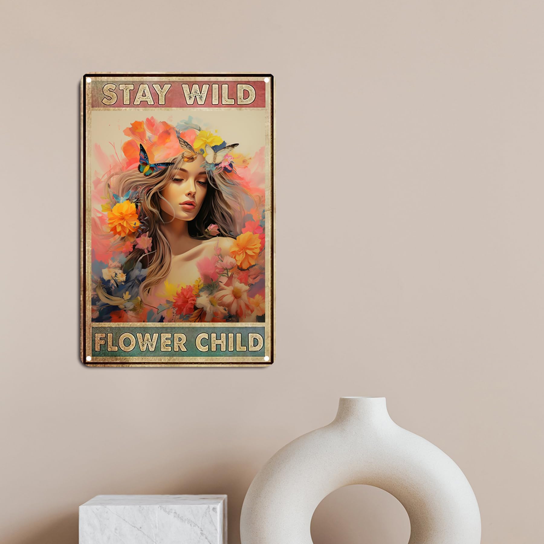 SANTUKEY Targa In Metallo Vintage 'Stay Wild Flower' - Cartello Decorativo 30,5x20,3 Cm Per Parete, Interni Ed Esterni, Stile Hippie, Regalo Per Camera Ragazze E Giardino