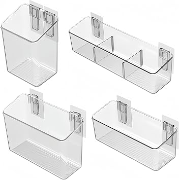 vacane 4 Pack Plastic Over Cabinet Door Organizer, Adhesive Mount Storage Organizer Container Makeup Organizer Hanging Basket Bins for Craft Room, Pantry, Office, Space Saving Holder for Kitchen Bags