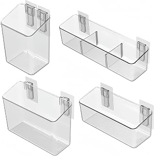 vacane 4 Pack Plastic Over Cabinet Door Organizer, Adhesive Mount Storage Organizer Container Makeup Organizer Hanging Basket Bins for Craft Room, Pantry, Office, Space Saving Holder for Kitchen Bags