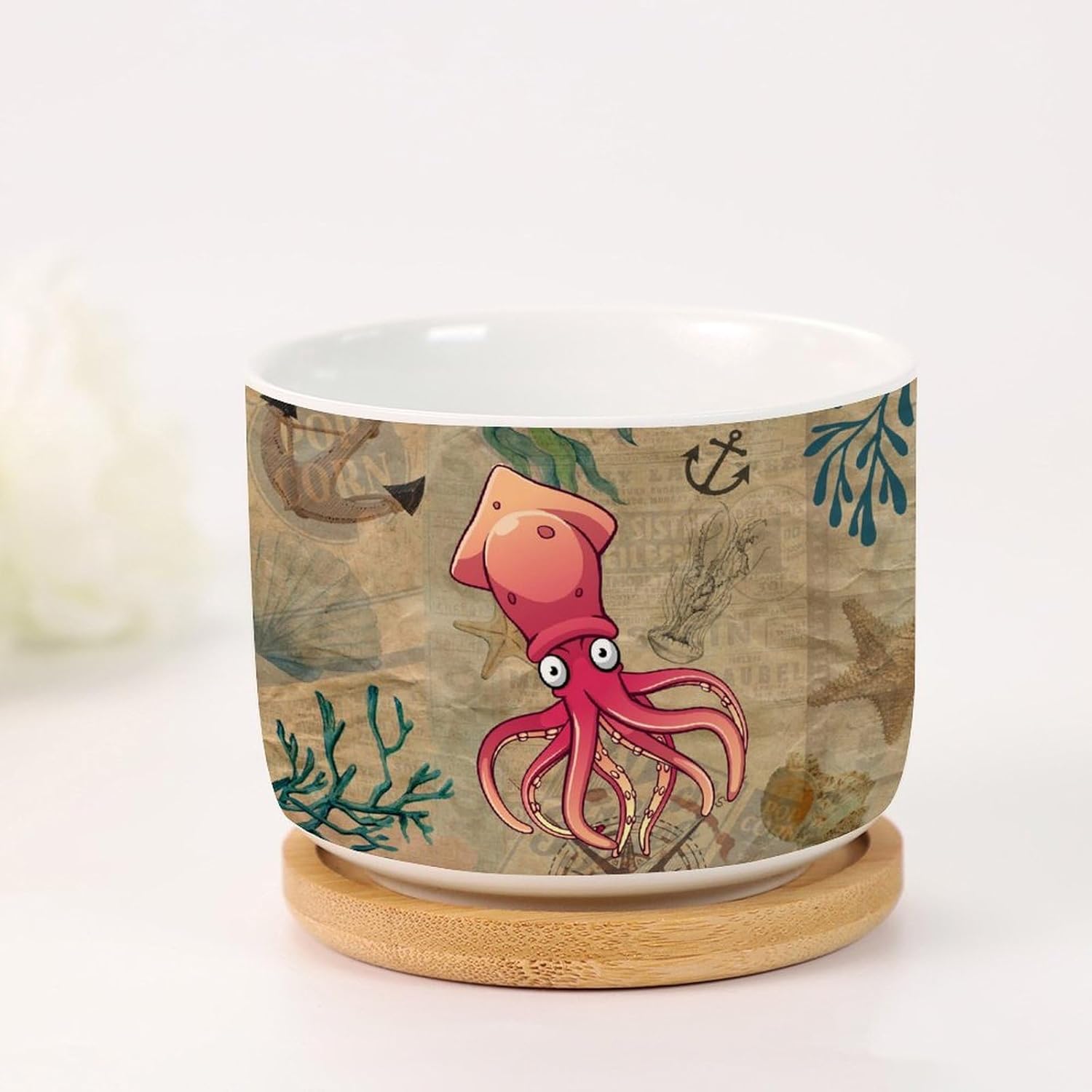 Set of 3 Small Ceramic Planters for Indoor Retro Ocean Animal Squid Succulent Planters Beach House Decor Ceramic Planters for Indoor Plants with Drainage Bamboo Trays